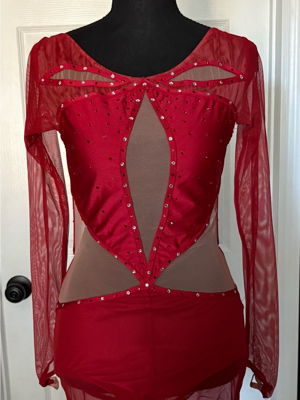 Red Sheer & Mesh Rhinestone Bodysuit